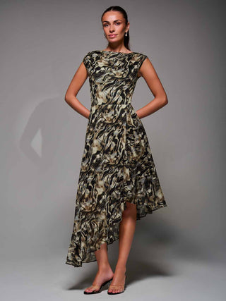 Asymmetrical Draped Mesh Midaxi Dress Brown Animal