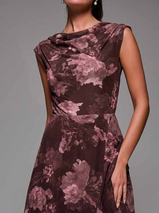 Asymmetrical Draped Mesh Midaxi Dress Burgundy Abstract