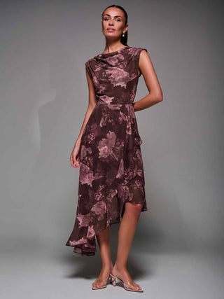 Asymmetrical Draped Mesh Midaxi Dress Burgundy Abstract