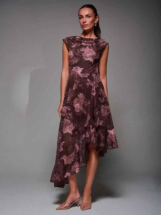Asymmetrical Draped Mesh Midaxi Dress Burgundy Abstract