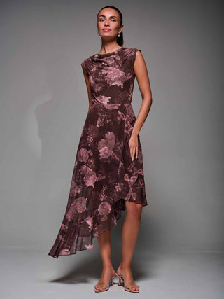 Asymmetrical Draped Mesh Midaxi Dress Burgundy Abstract