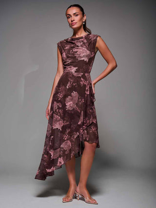 Asymmetrical Draped Mesh Midaxi Dress Burgundy Abstract