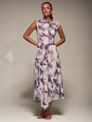 Slash Neck Ruched Mesh Maxi Dress, Beige Floral