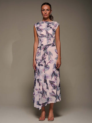 Slash Neck Ruched Mesh Maxi Dress, Beige Floral