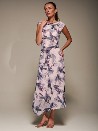 Slash Neck Ruched Mesh Maxi Dress, Beige Floral