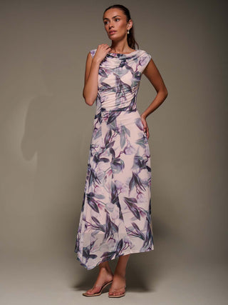 Slash Neck Ruched Mesh Maxi Dress, Beige Floral