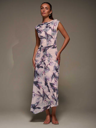 Slash Neck Ruched Mesh Maxi Dress, Beige Floral