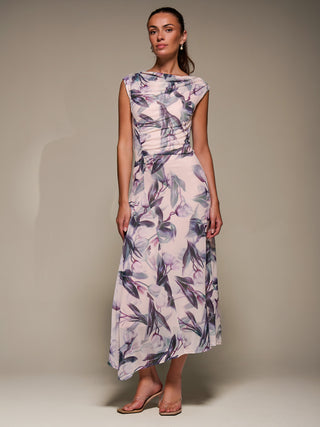 Slash Neck Ruched Mesh Maxi Dress, Beige Floral