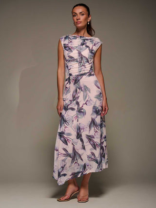 Slash Neck Ruched Mesh Maxi Dress, Beige Floral