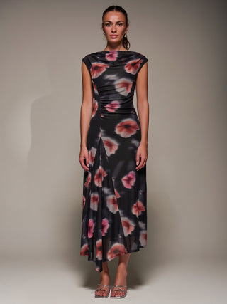 Slash Neck Ruched Mesh Maxi Dress, Black Floral