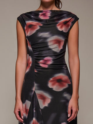 Slash Neck Ruched Mesh Maxi Dress, Black Floral