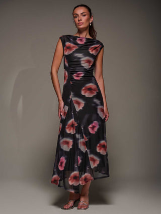Slash Neck Ruched Mesh Maxi Dress, Black Floral