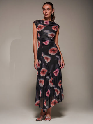 Slash Neck Ruched Mesh Maxi Dress, Black Floral