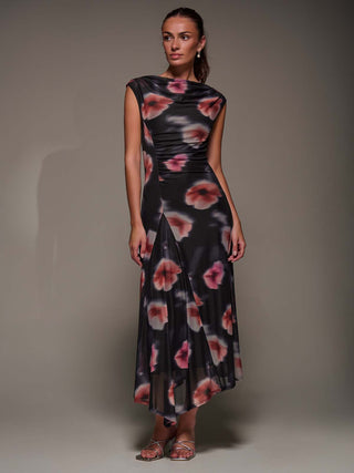 Slash Neck Ruched Mesh Maxi Dress, Black Floral