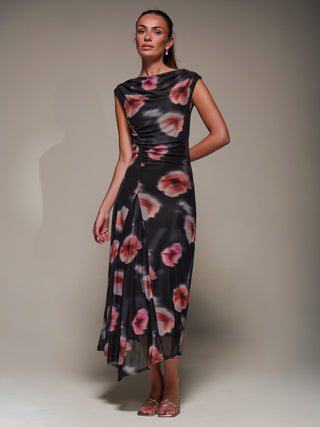 Slash Neck Ruched Mesh Maxi Dress, Black Floral