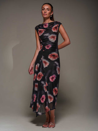 Slash Neck Ruched Mesh Maxi Dress, Black Floral
