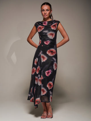 Slash Neck Ruched Mesh Maxi Dress, Black Floral