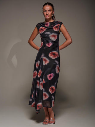 Slash Neck Ruched Mesh Maxi Dress, Black Floral