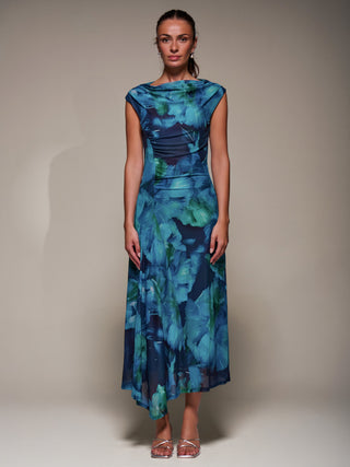 Slash Neck Ruched Mesh Maxi Dress, Blue Abstract