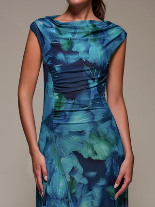 Slash Neck Ruched Mesh Maxi Dress, Blue Abstract