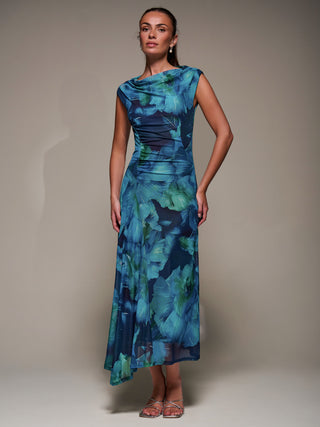 Slash Neck Ruched Mesh Maxi Dress, Blue Abstract