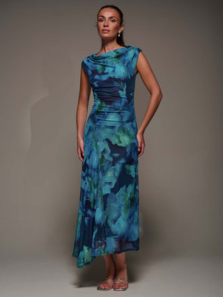 Slash Neck Ruched Mesh Maxi Dress, Blue Abstract