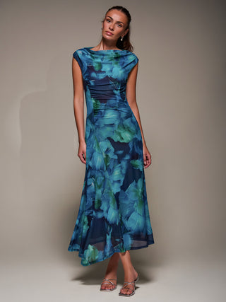 Slash Neck Ruched Mesh Maxi Dress, Blue Abstract