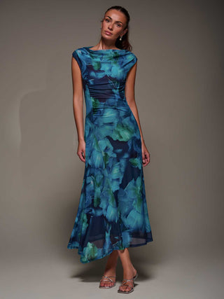 Slash Neck Ruched Mesh Maxi Dress, Blue Abstract