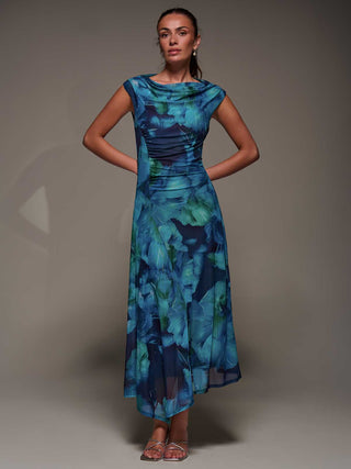 Slash Neck Ruched Mesh Maxi Dress, Blue Abstract