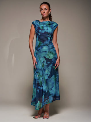 Slash Neck Ruched Mesh Maxi Dress, Blue Abstract