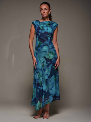 Slash Neck Ruched Mesh Maxi Dress, Blue Abstract