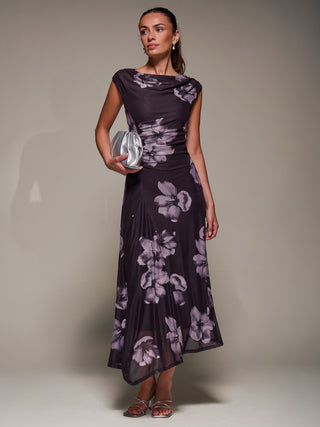 Slash Neck Ruched Mesh Maxi Dress, Purple Floral