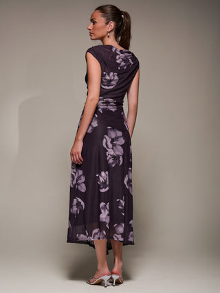 Slash Neck Ruched Mesh Maxi Dress, Purple Floral