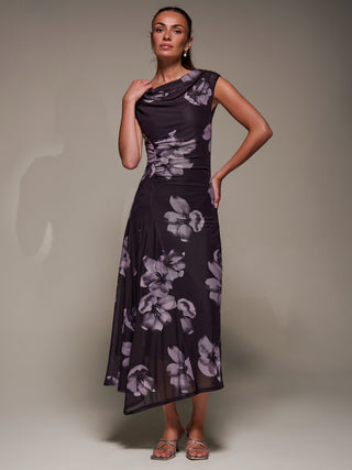 Slash Neck Ruched Mesh Maxi Dress, Purple Floral
