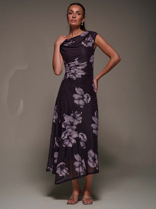 Slash Neck Ruched Mesh Maxi Dress, Purple Floral