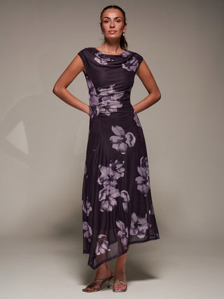 Slash Neck Ruched Mesh Maxi Dress, Purple Floral