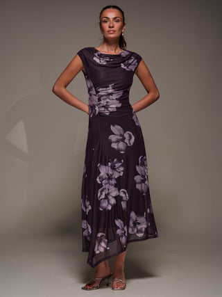 Slash Neck Ruched Mesh Maxi Dress, Purple Floral
