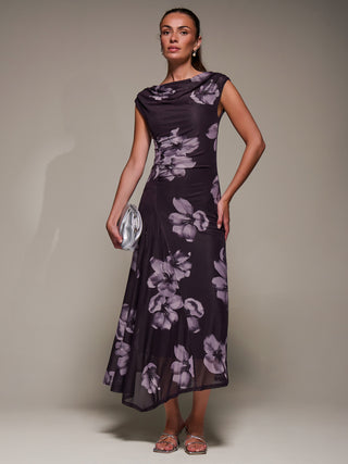 Slash Neck Ruched Mesh Maxi Dress, Purple Floral