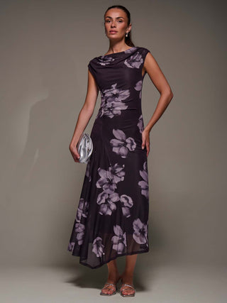 Slash Neck Ruched Mesh Maxi Dress, Purple Floral
