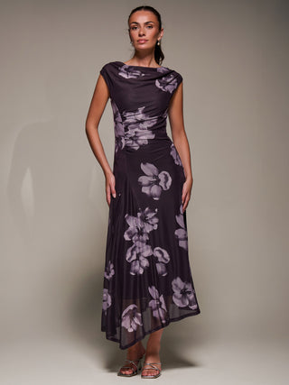 Slash Neck Ruched Mesh Maxi Dress, Purple Floral