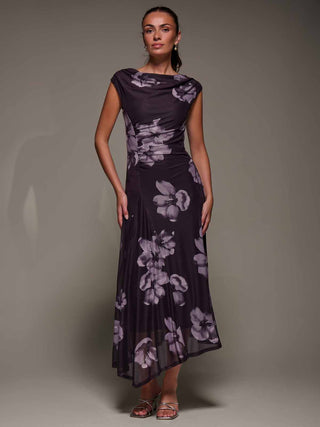 Slash Neck Ruched Mesh Maxi Dress, Purple Floral