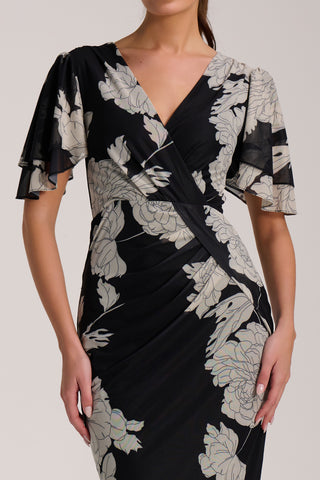 Angel Sleeve Ruched Mesh Bodycon Dress, Beige Floral