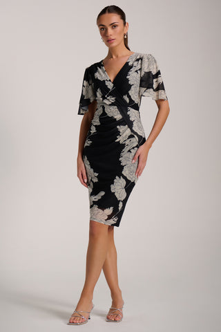 Angel Sleeve Ruched Mesh Bodycon Dress, Beige Floral