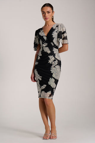 Angel Sleeve Ruched Mesh Bodycon Dress, Beige Floral