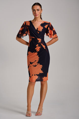 Angel Sleeve Ruched Mesh Bodycon Dress, Orange Floral