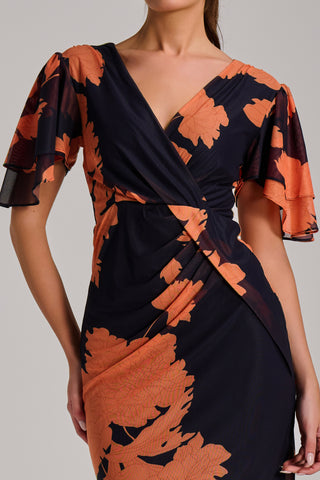 Angel Sleeve Ruched Mesh Bodycon Dress, Orange Floral