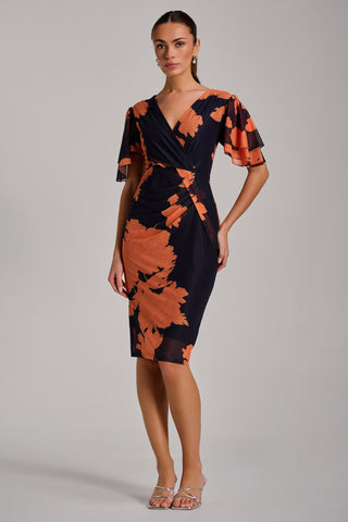 Angel Sleeve Ruched Mesh Bodycon Dress, Orange Floral