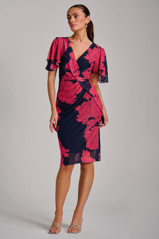 Angel Sleeve Ruched Mesh Bodycon Dress, Red Floral