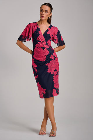 Angel Sleeve Ruched Mesh Bodycon Dress, Red Floral