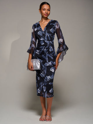 Ruffle Sleeve Ruched Mesh Bodycon Dress, Black Floral